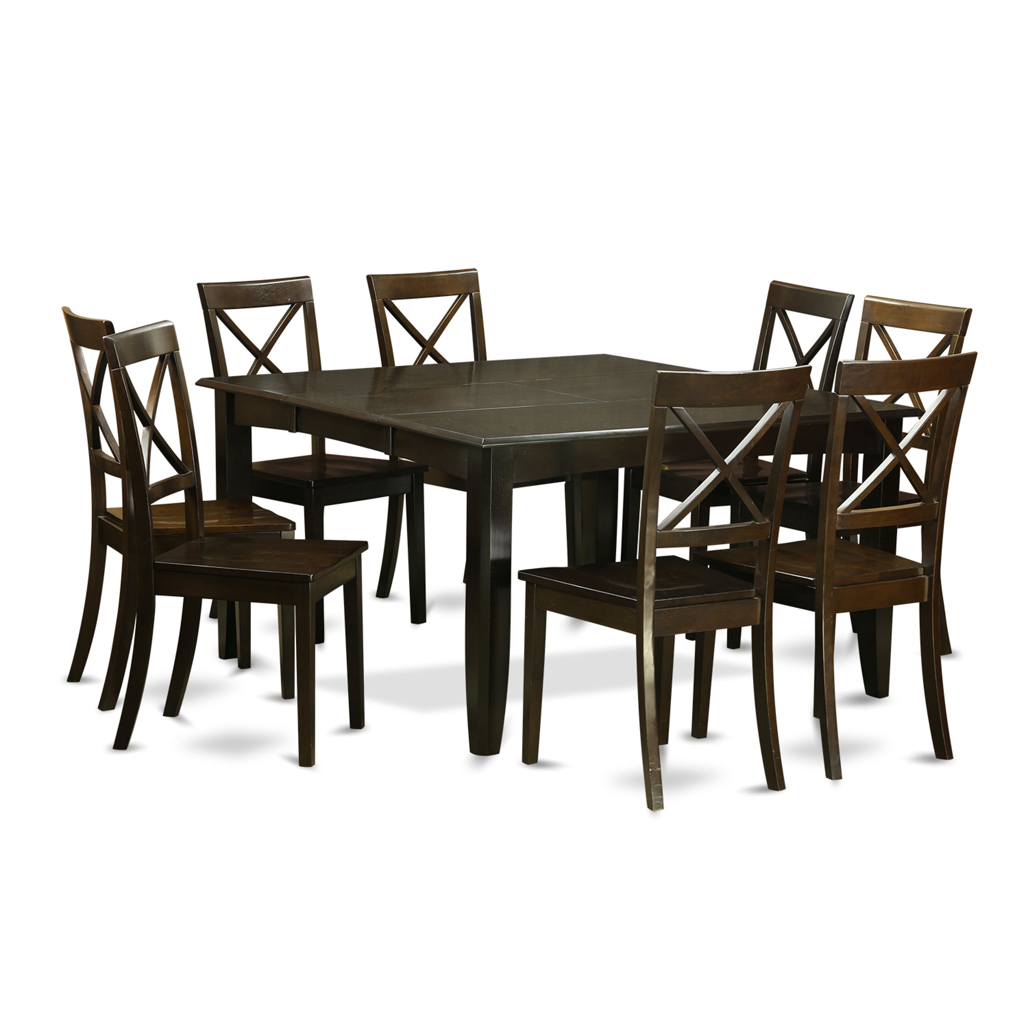 El juego de mesa de comedor moderno East West Furniture PFBO9-CAP-W de 9 piezas incluye una mesa cuadrada de madera con hojas de mariposa y 8 sillas de comedor de cocina.