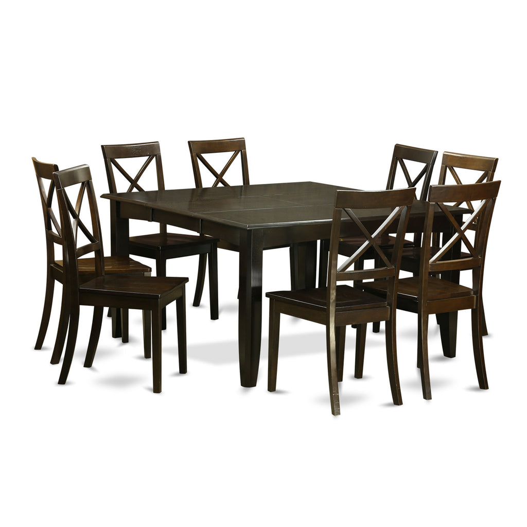 East West Furniture PFBO9-CAP-W 9 Piece Modern Dining Table Set Includes a Square Wooden Table with Butterfly Leaf and 8 Kitchen Dining Chairs