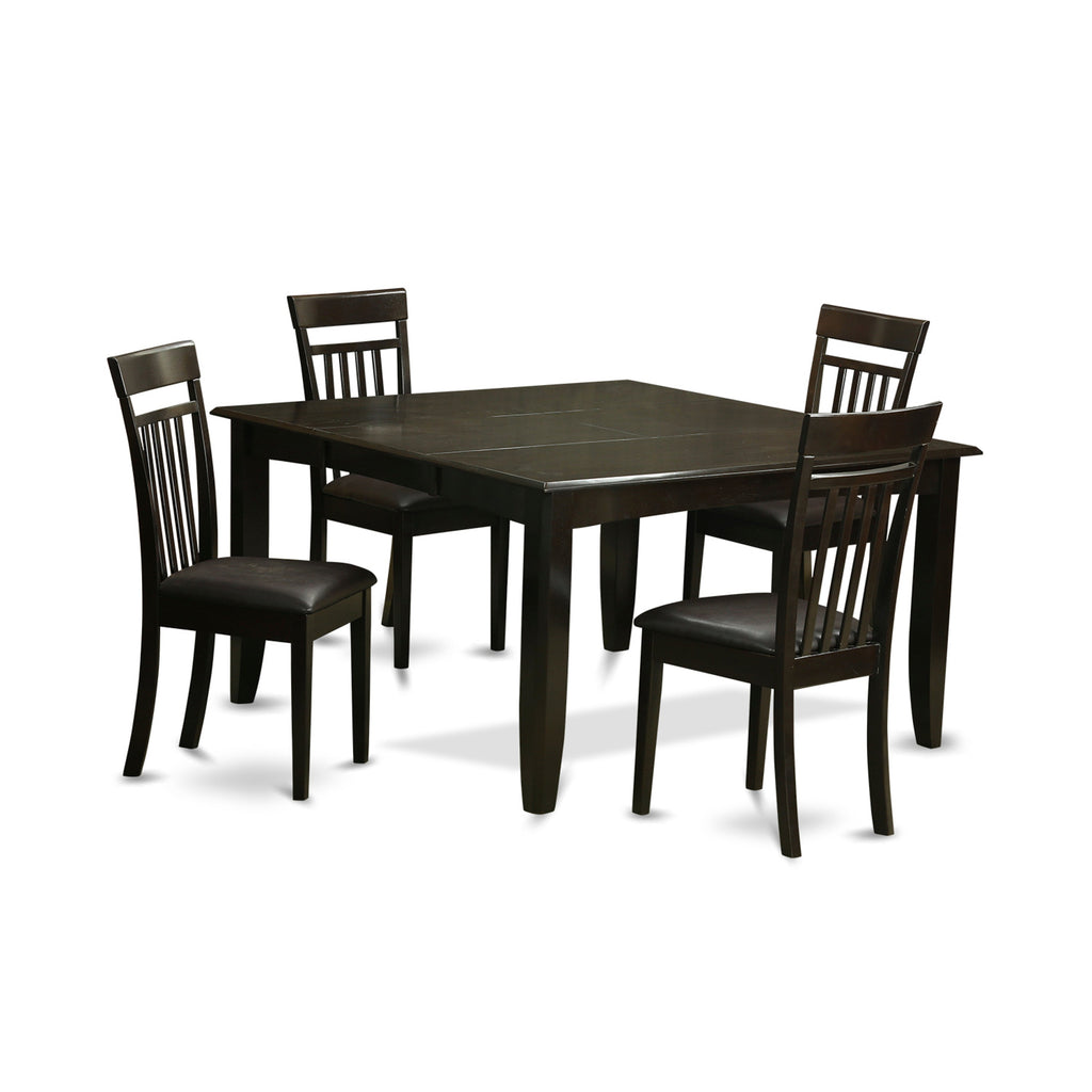 East West Furniture PFCA5-CAP-LC 5 Piece Dining Room Furniture Set Includes a Square Wooden Table with Butterfly Leaf and 4 Faux Leather Kitchen Dining Chairs