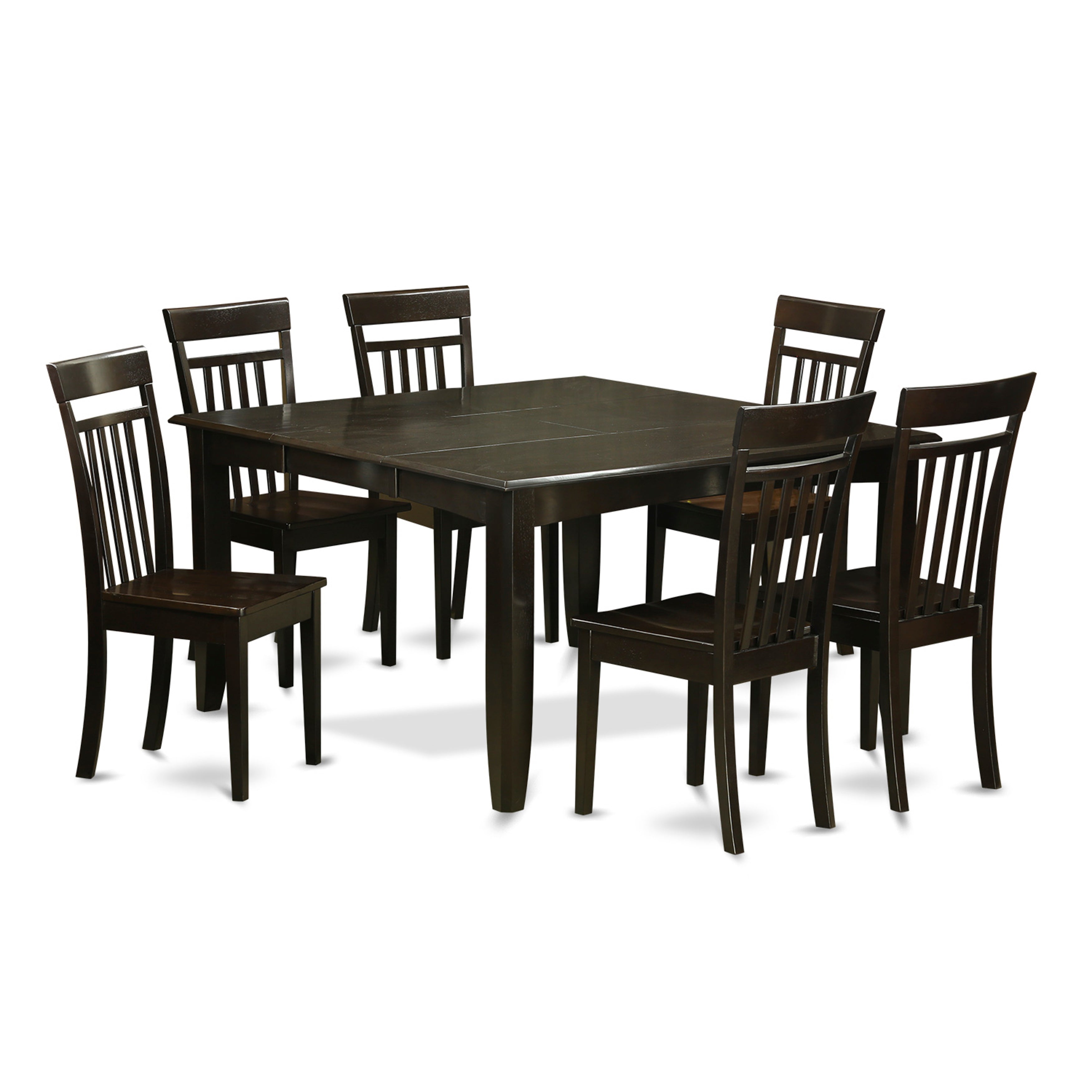 Juego de mesa de comedor moderna de 7 piezas East West Furniture PFCA7-CAP-W. Incluye una mesa cuadrada de madera con diseño de hojas de mariposa y 6 sillas de comedor.
