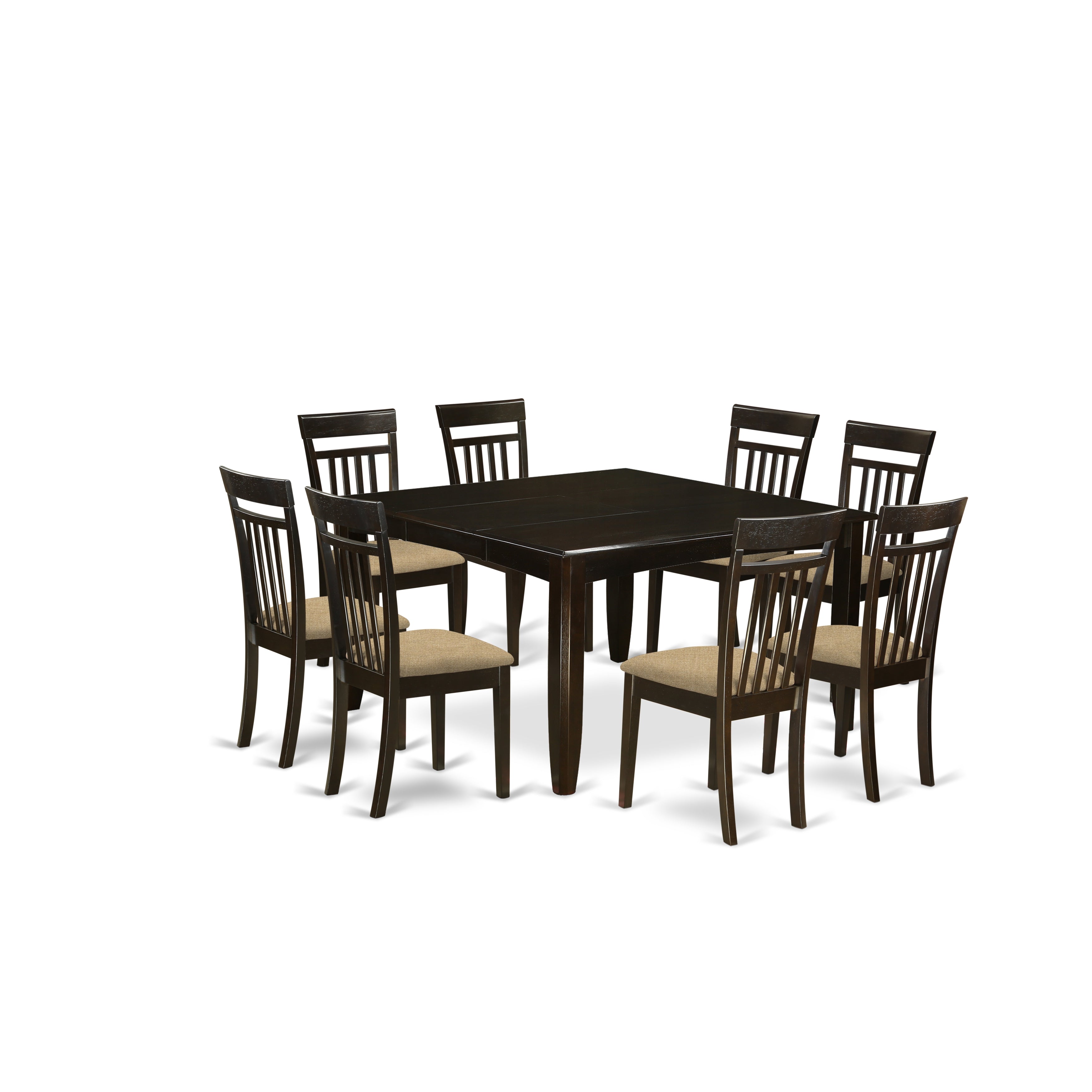 El juego de mesa de comedor moderno East West Furniture PFCA9-CAP-C de 9 piezas incluye una mesa cuadrada de madera con diseño de hojas de mariposa y 8 sillas de comedor de cocina de tela de lino.