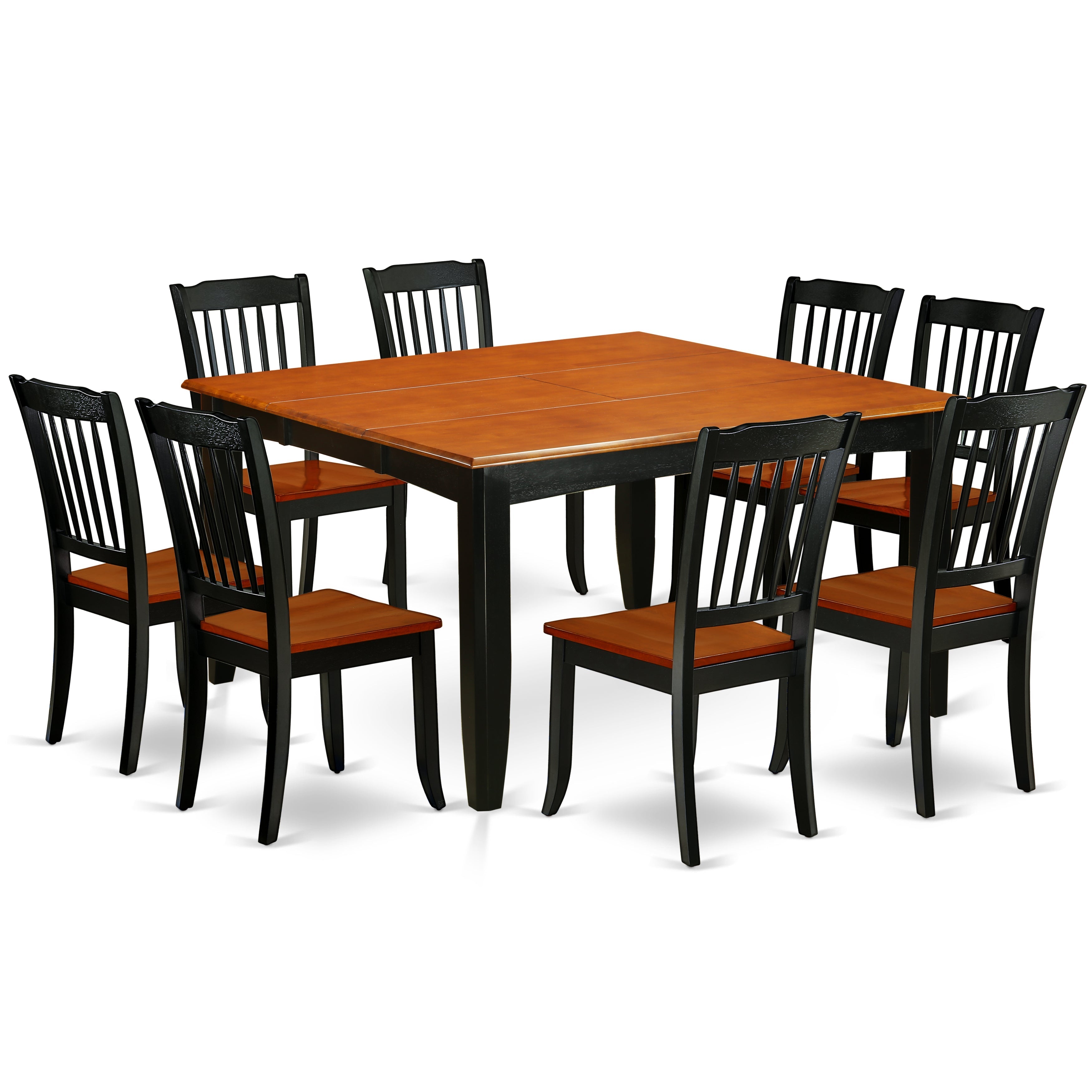 Juego de mesa y sillas de cocina de 9 piezas PFDA9-BCH-W de East West Furniture. Incluye una mesa de comedor cuadrada con hojas de mariposa y 8 sillas de comedor.