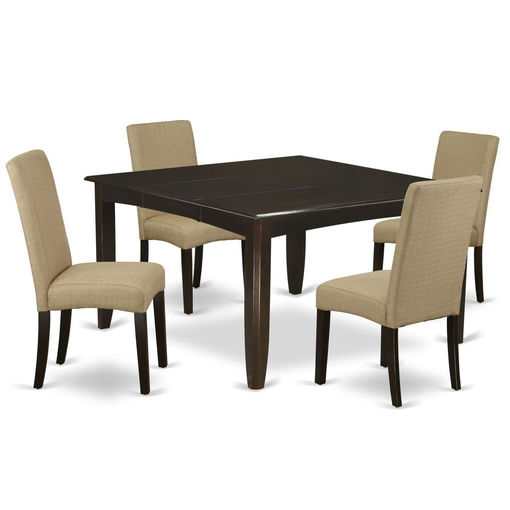Juego de comedor de 5 piezas East West Furniture PFDR5-CAP-03. Incluye una mesa cuadrada de madera con diseño de hojas de mariposa y 4 sillas de comedor Parson de tela de lino marrón.