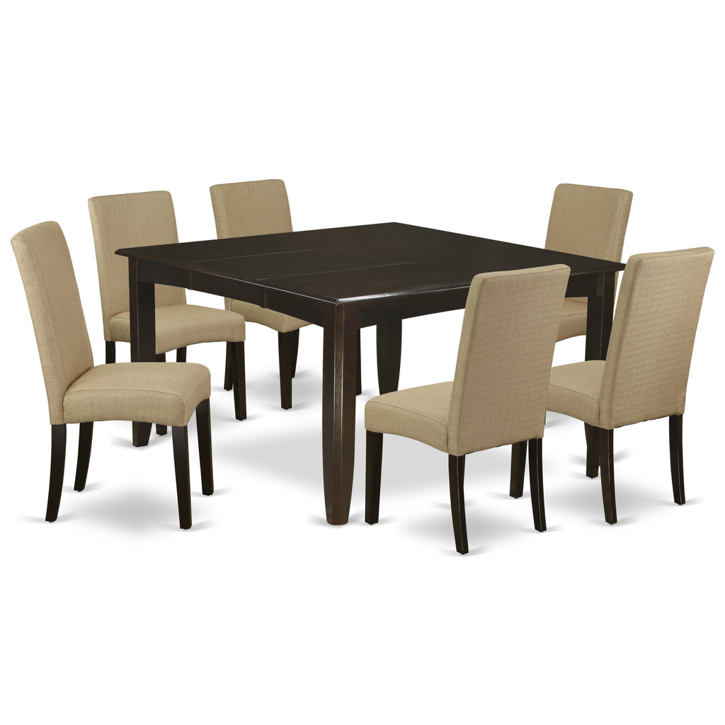 Juego de mesa de comedor moderno East West Furniture PFDR7-CAP-03 de 7 piezas compuesto por una mesa cuadrada de madera con hojas de mariposa y 6 sillas tapizadas en tela de lino marrón.
