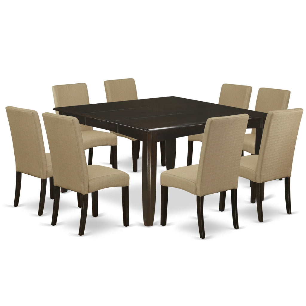 Juego de comedor East West Furniture PFDR9-CAP-03 de 9 piezas. Incluye una mesa de comedor cuadrada con hojas de mariposa y 8 sillas Parson tapizadas en tela de lino marrón.