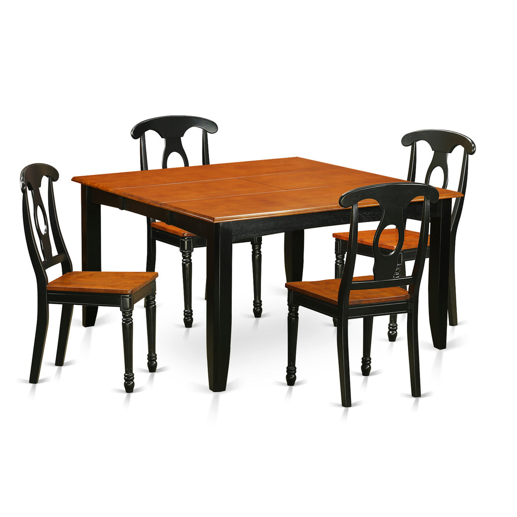 El juego de mesa y sillas de cocina de 5 piezas PFKE5-BCH-W de East West Furniture incluye una mesa de comedor cuadrada con hojas de mariposa y 4 sillas de comedor.