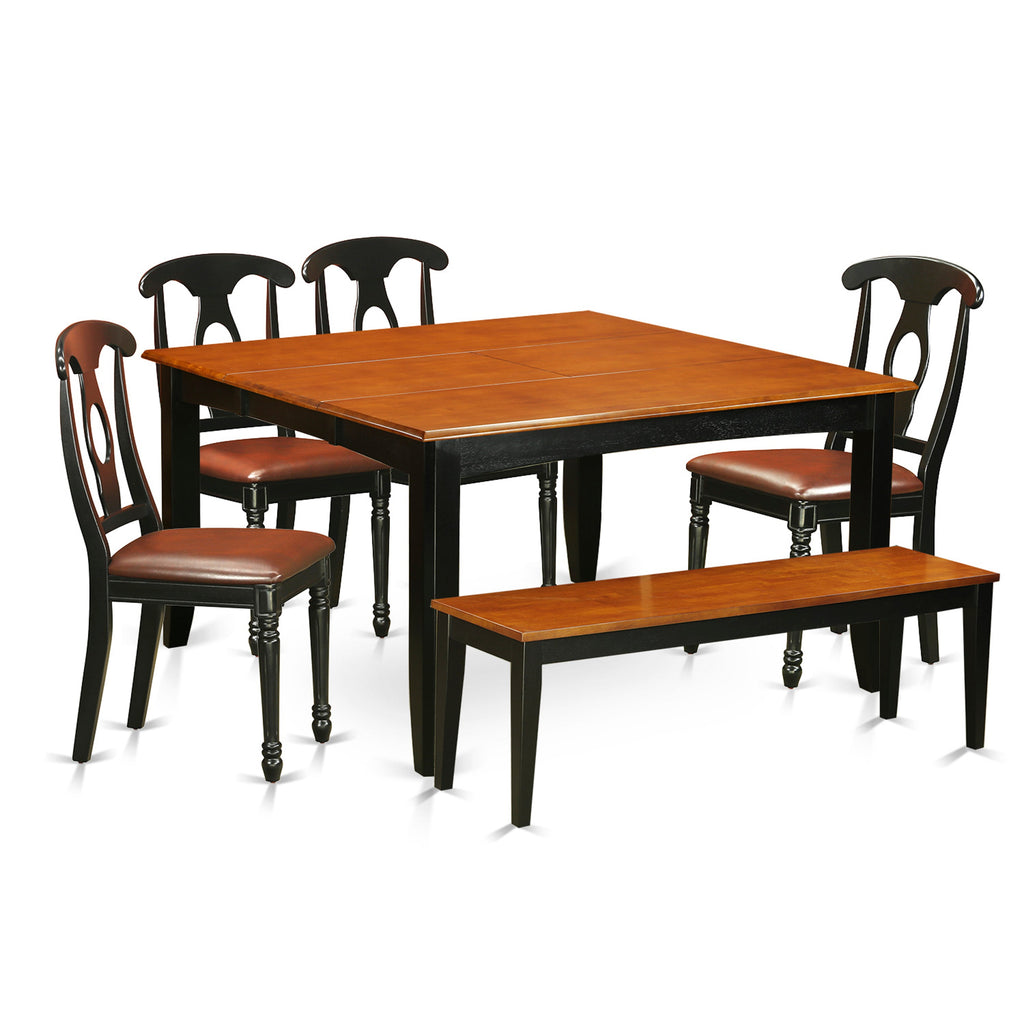 El juego de mesa de comedor moderno East West Furniture PFKE6-BCH-LC de 6 piezas contiene una mesa cuadrada de madera con hojas de mariposa y 4 sillas de comedor de cuero sintético con un banco.