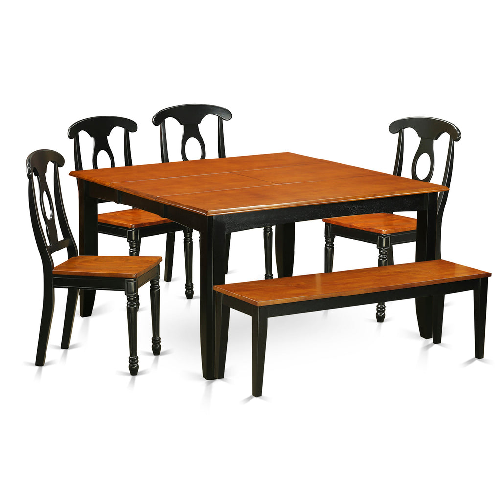 El juego de mesa de comedor de 6 piezas PFKE6-BCH-W de East West Furniture contiene una mesa de comedor cuadrada con hojas de mariposa y 4 sillas con asiento de madera con un banco.