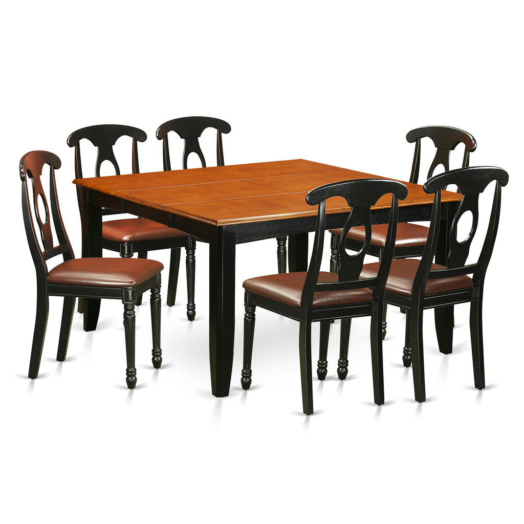 Juego de comedor de 7 piezas East West Furniture PFKE7-BCH-LC compuesto por una mesa de cocina cuadrada con diseño de hojas de mariposa y 6 sillas tapizadas en piel sintética.