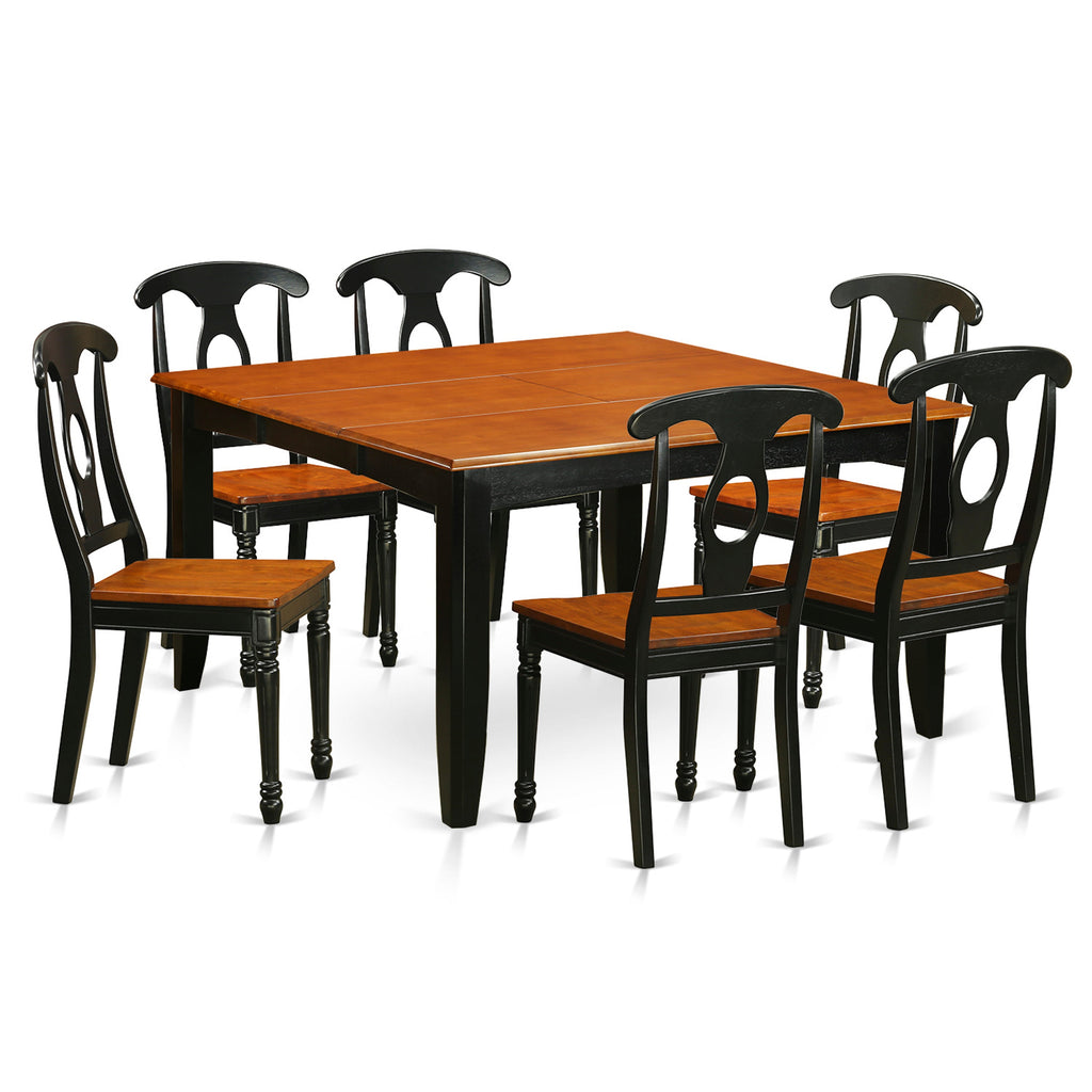 Juego de comedor de 7 piezas East West Furniture PFKE7-BCH-W compuesto por una mesa cuadrada de madera con hojas de mariposa y 6 sillas de comedor de cocina.