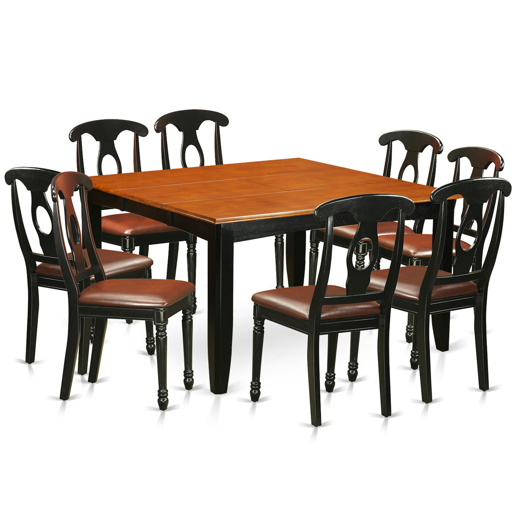 El juego de mesa de comedor de 9 piezas PFKE9-BCH-LC de East West Furniture incluye una mesa de comedor cuadrada con hojas de mariposa y 8 sillas de comedor de cuero sintético.