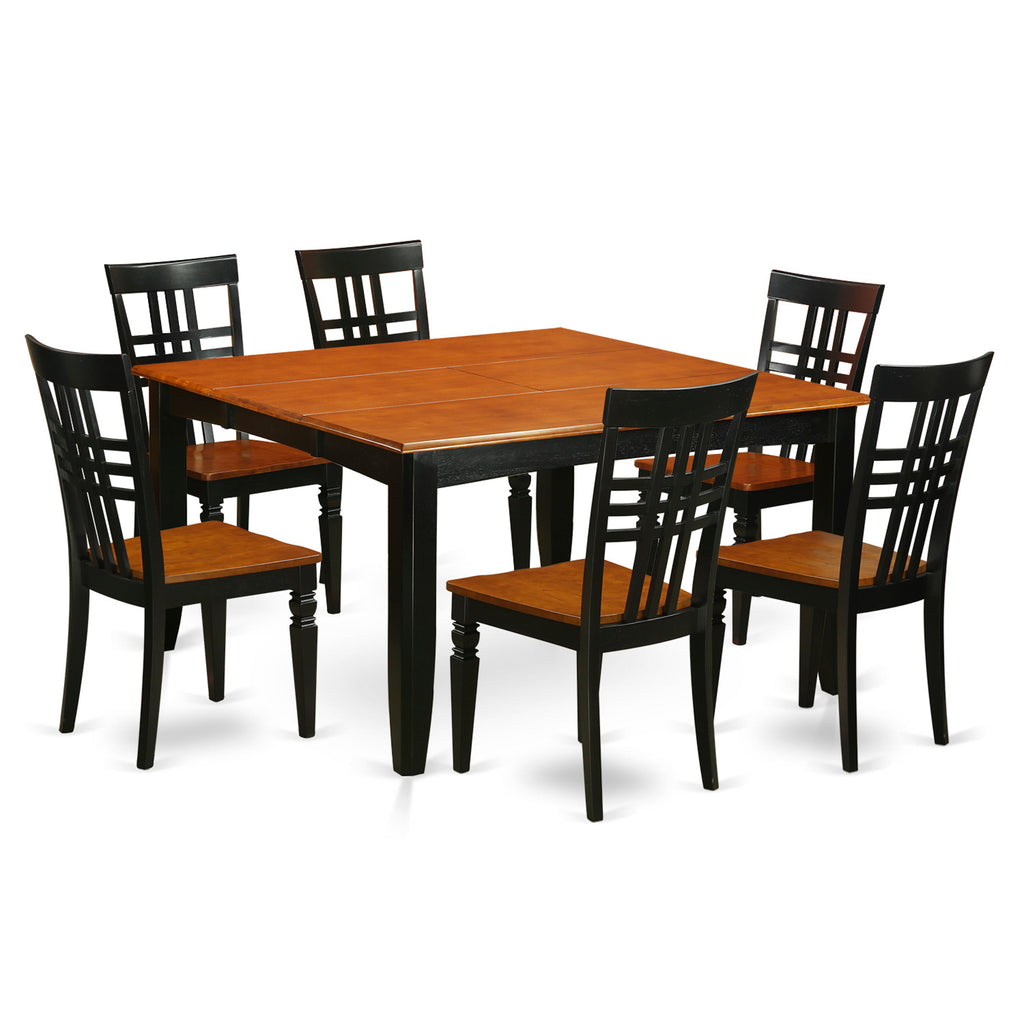 Juego de mesa de comedor moderna de 7 piezas East West Furniture PFLG7-BCH-W. Incluye una mesa cuadrada de madera con diseño de hojas de mariposa y 6 sillas de comedor.