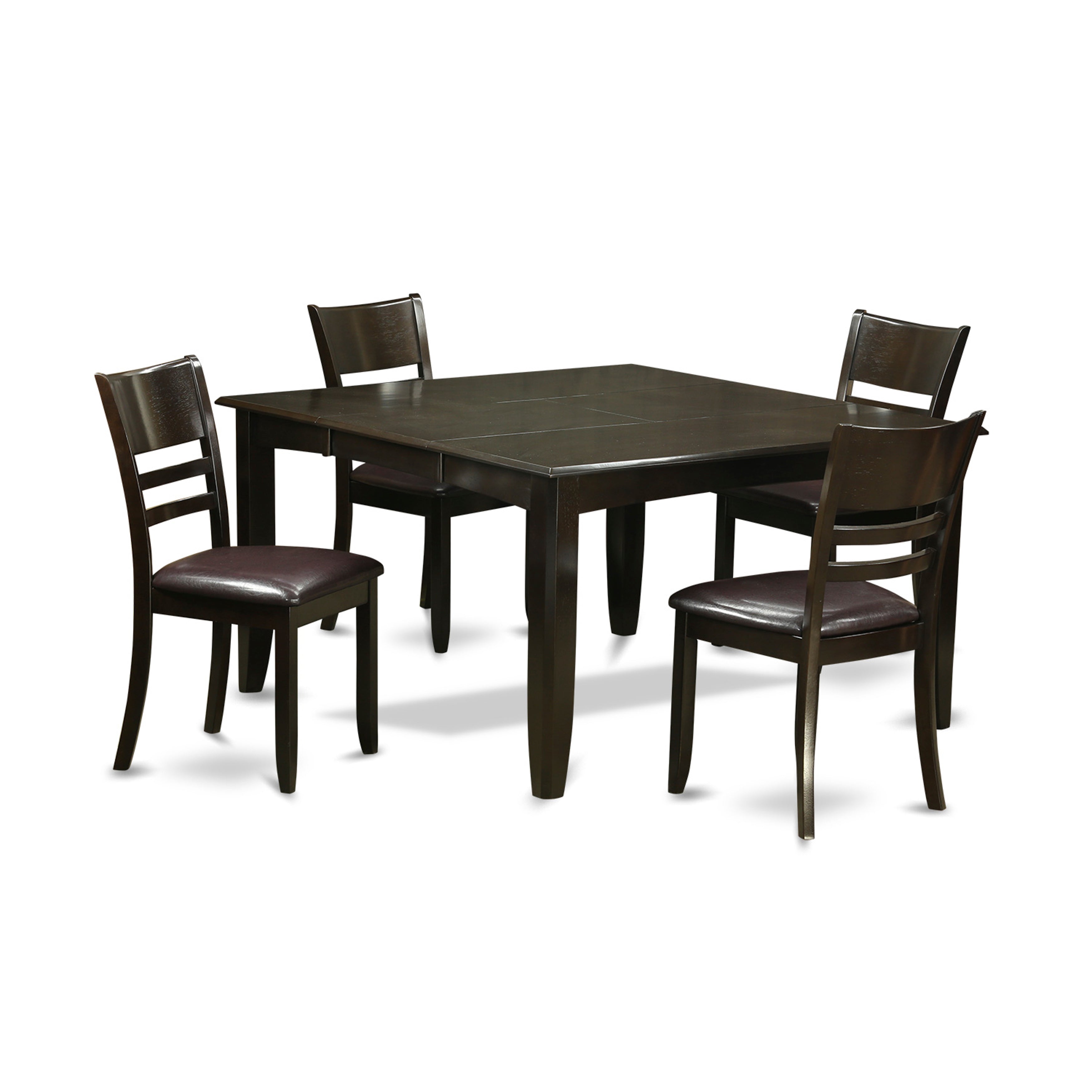 El juego de mesa de comedor de 5 piezas PFLY5-CAP-LC de East West Furniture incluye una mesa de cocina cuadrada con diseño de hojas de mariposa y 4 sillas de comedor tapizadas en piel sintética.