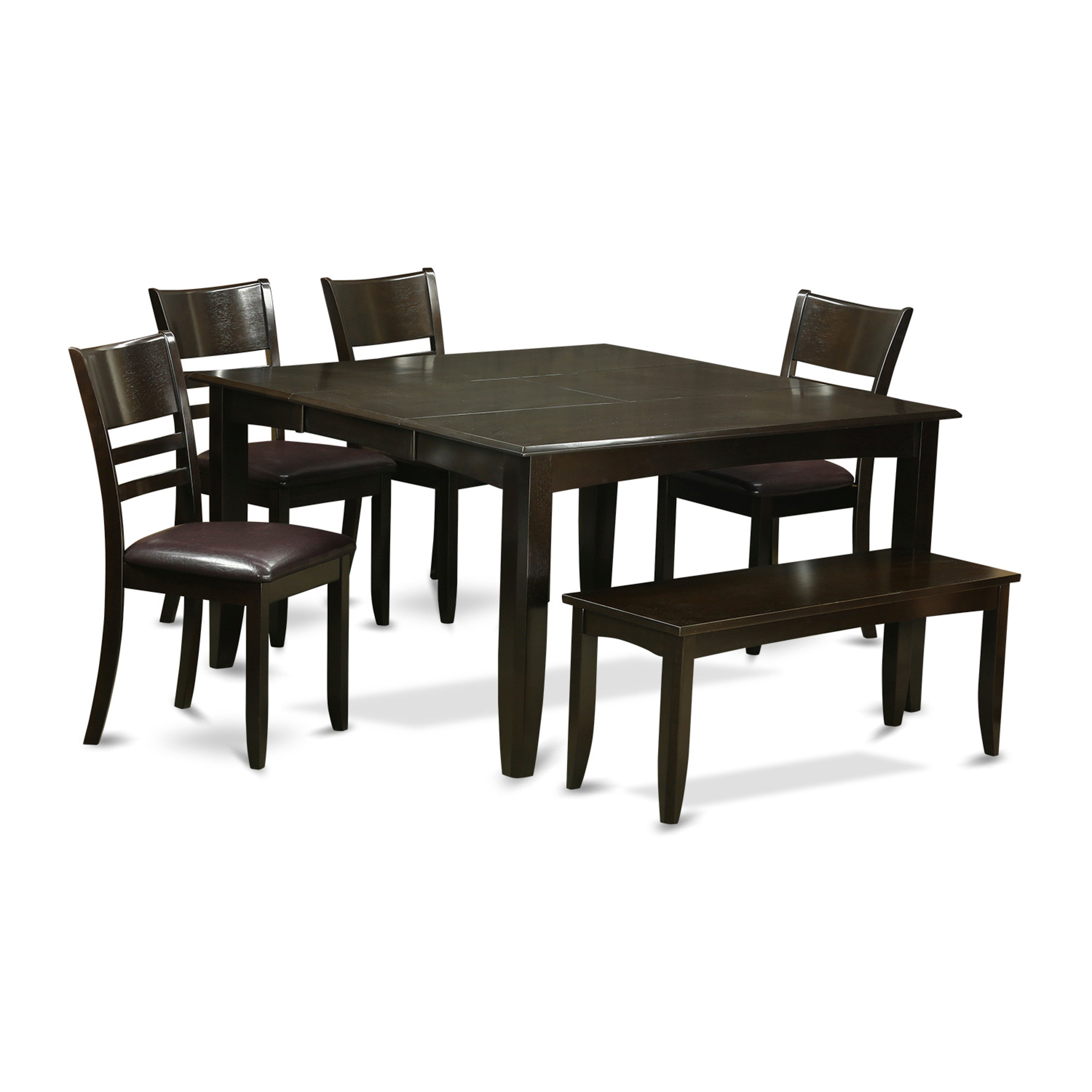 El juego de comedor de 6 piezas PFLY6-CAP-LC de East West Furniture contiene una mesa de comedor cuadrada con hojas de mariposa y 4 sillas de cocina de cuero sintético con un banco.