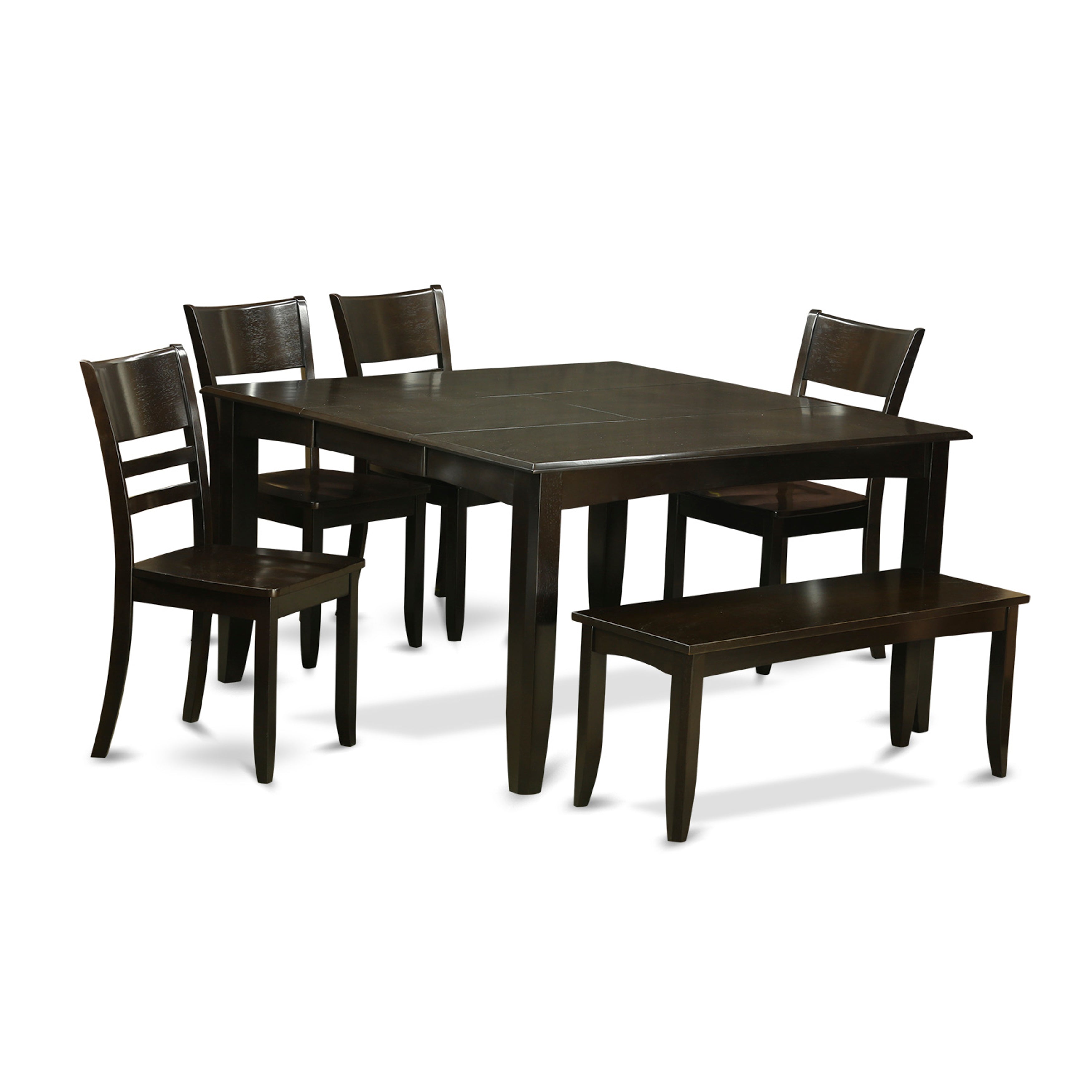 Juego de comedor de 6 piezas PFLY6-CAP-W de East West Furniture. Contiene una mesa de comedor cuadrada con hojas de mariposa y 4 sillas de cocina con un banco.