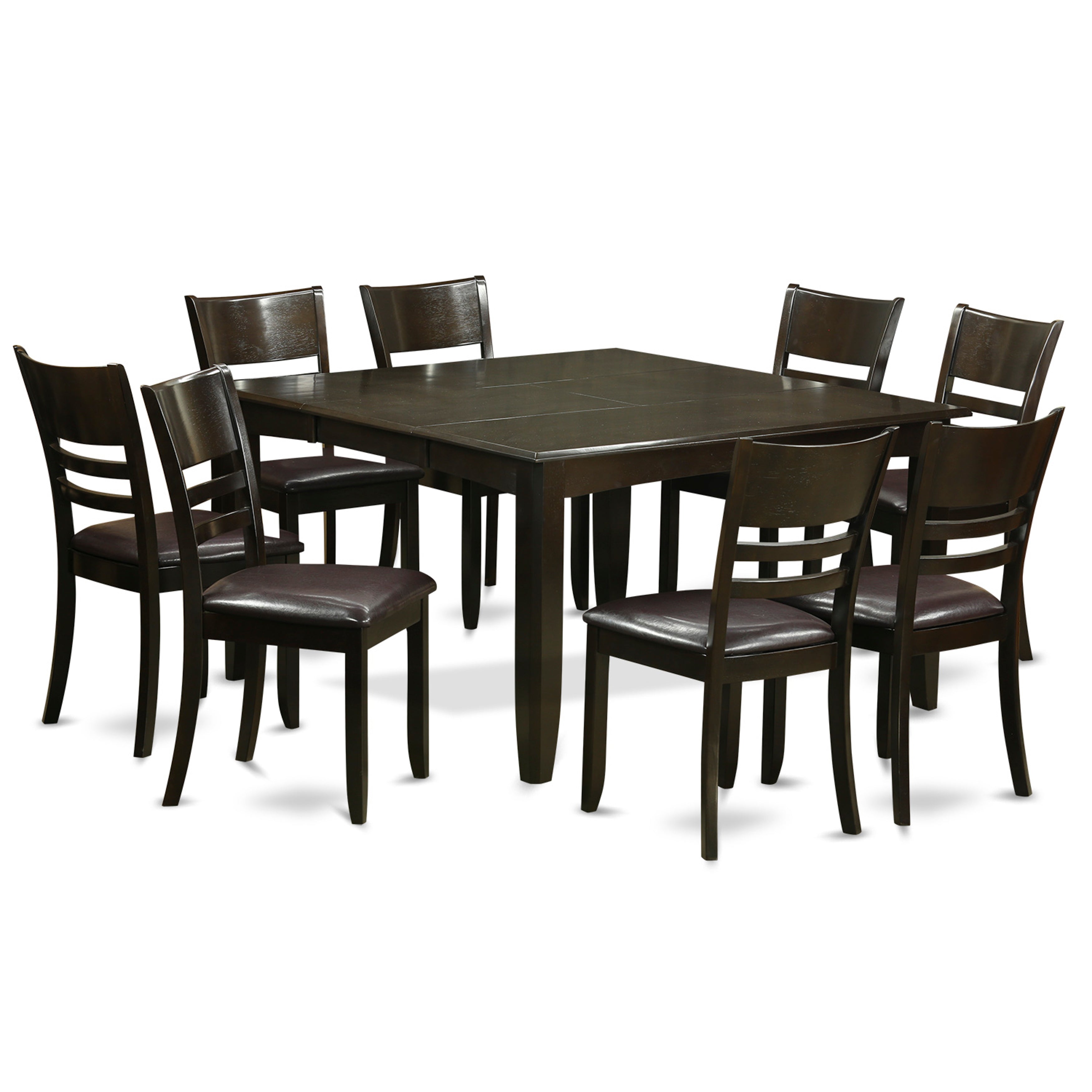El juego de comedor East West Furniture PFLY9-CAP-LC de 9 piezas incluye una mesa de comedor cuadrada con diseño de hojas de mariposa y 8 sillas de cocina tapizadas en piel sintética.