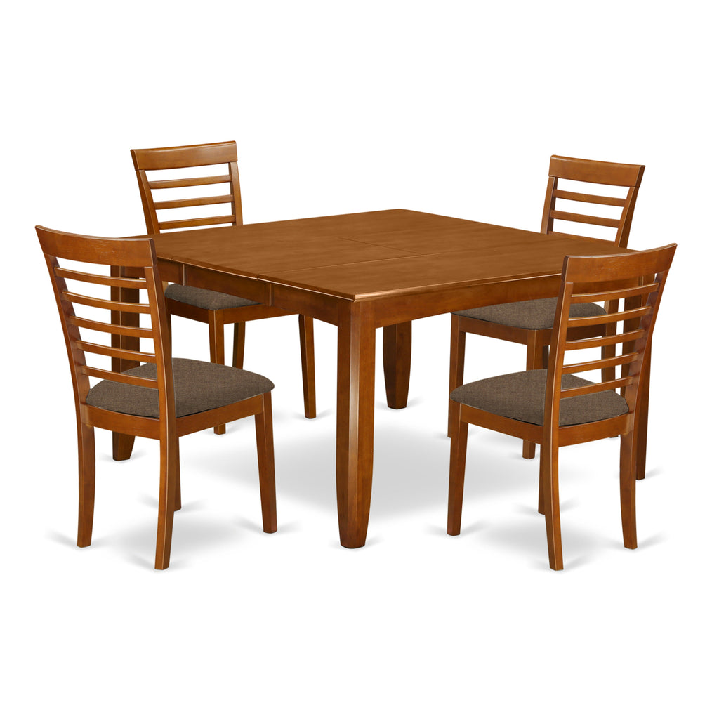 East West Furniture PFML5-SBR-C 5 Piece Dining Set Includes a Square Dining Room Table with Butterfly Leaf and 4 Linen Fabric Upholstered Kitchen Chairs