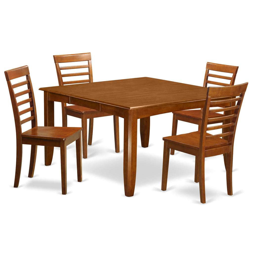 Juego de mesa de comedor de 5 piezas East West Furniture PFML5-SBR-W para 4 personas. Incluye una mesa de cocina cuadrada con diseño de hojas de mariposa y 4 sillas de comedor.