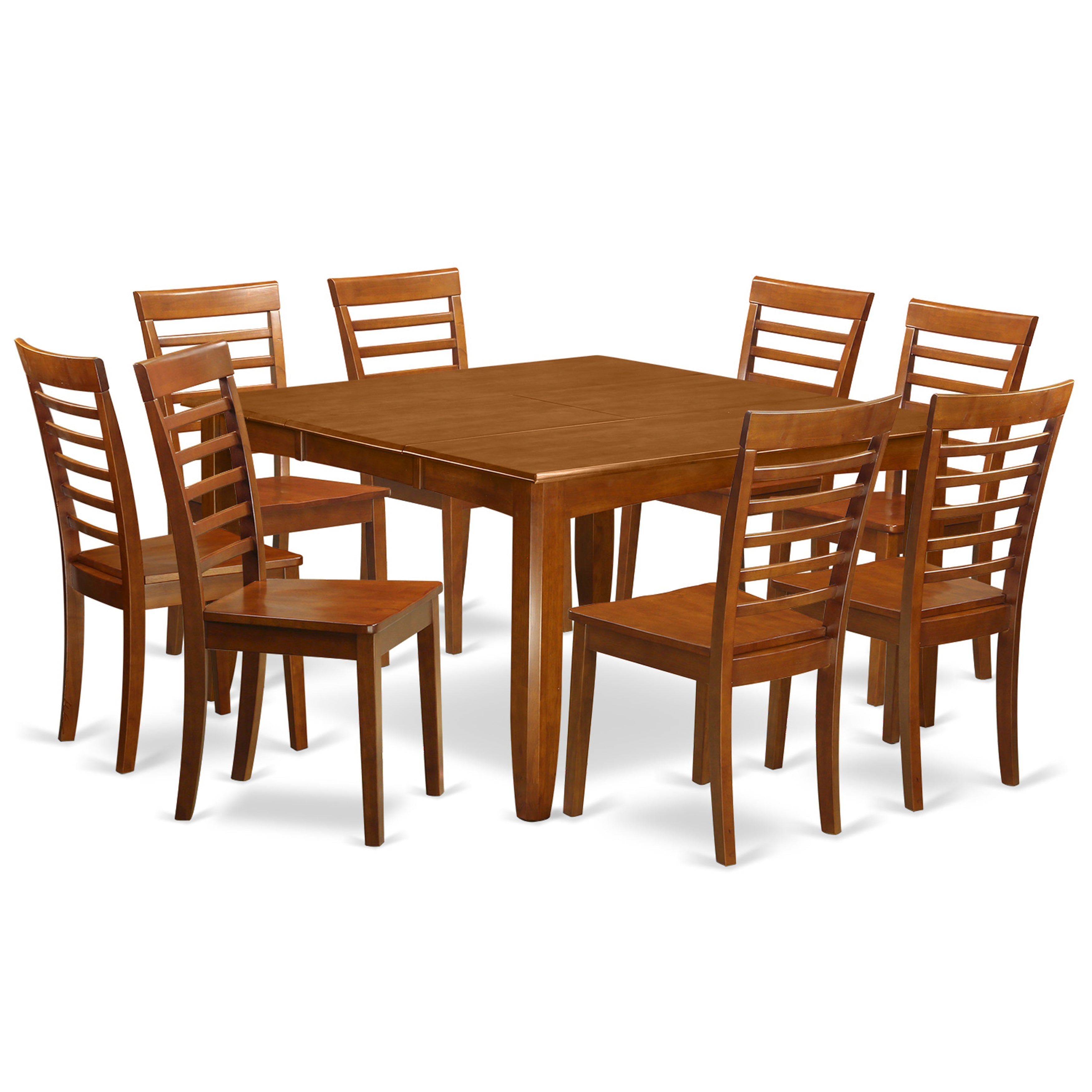 El juego de mesa de comedor East West Furniture PFML9-SBR-W de 9 piezas incluye una mesa de comedor cuadrada con hojas de mariposa y 8 sillas con asiento de madera.