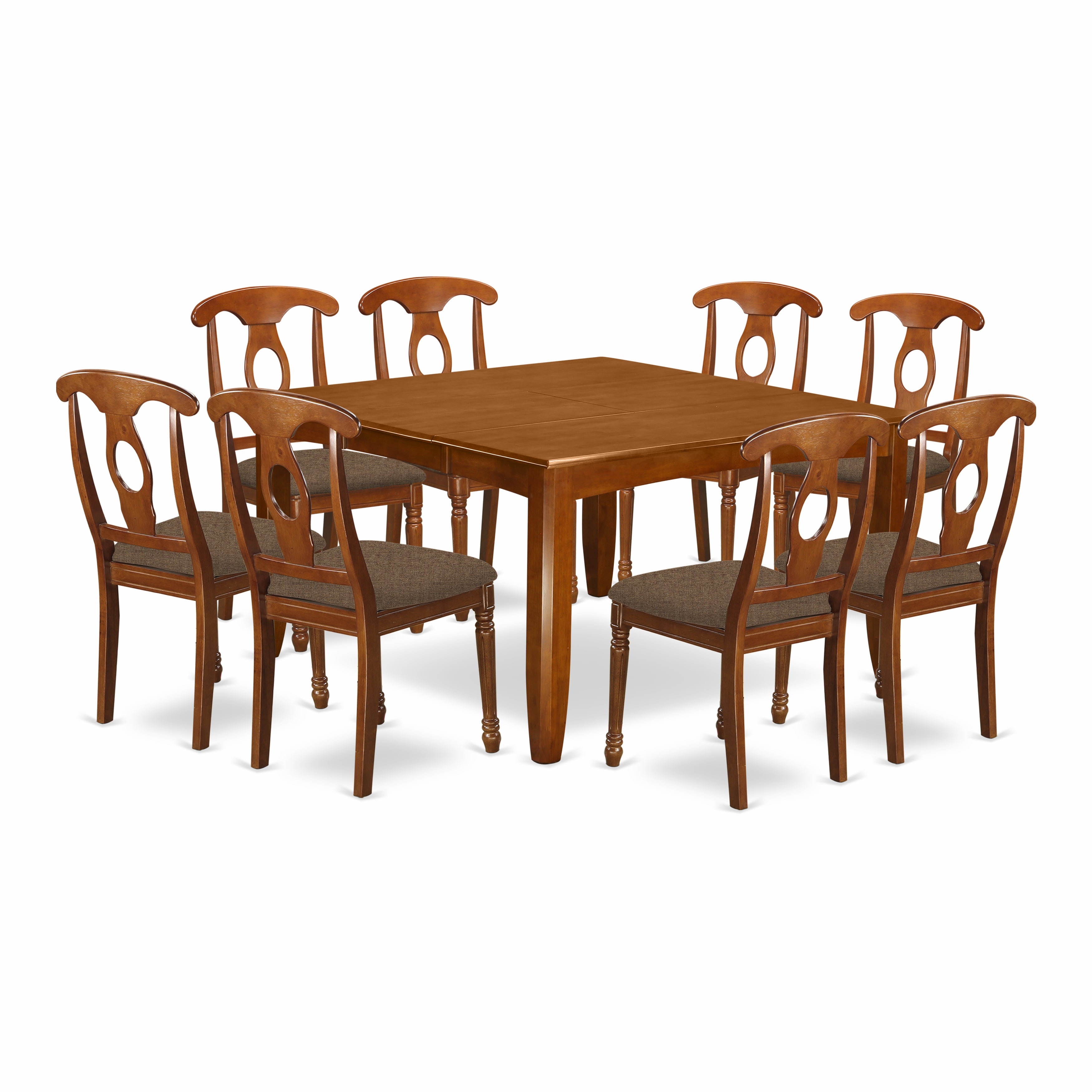 El juego de mesa y sillas de cocina East West Furniture PFNA9-SBR-C de 9 piezas incluye una mesa de comedor cuadrada con hojas de mariposa y 8 sillas de comedor de tela de lino.