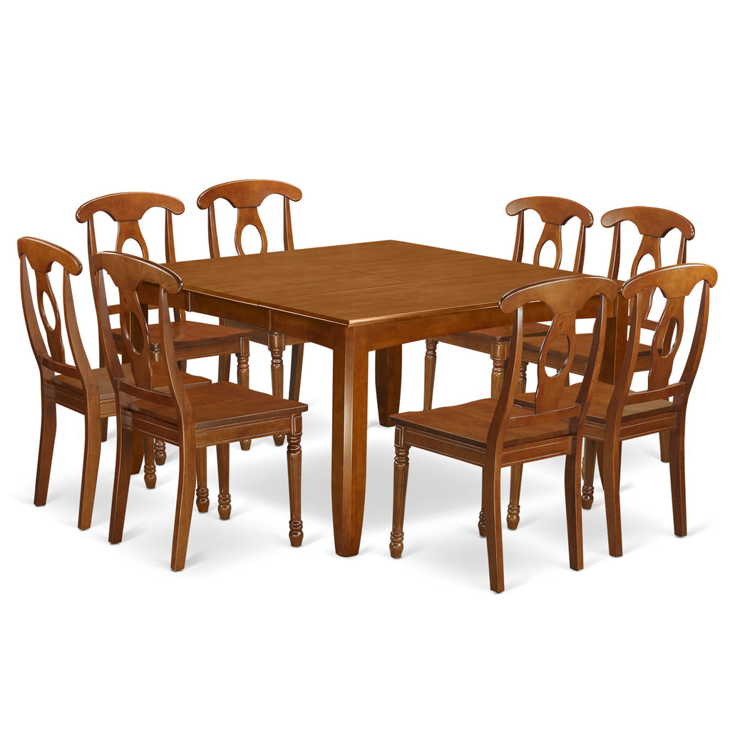 East West Furniture PFNA9-SBR-W 9 Piece Dining Room Furniture Set Includes a Square Wooden Table with Butterfly Leaf and 8 Kitchen Dining Chairs, 54x54 Inch, Saddle Brown