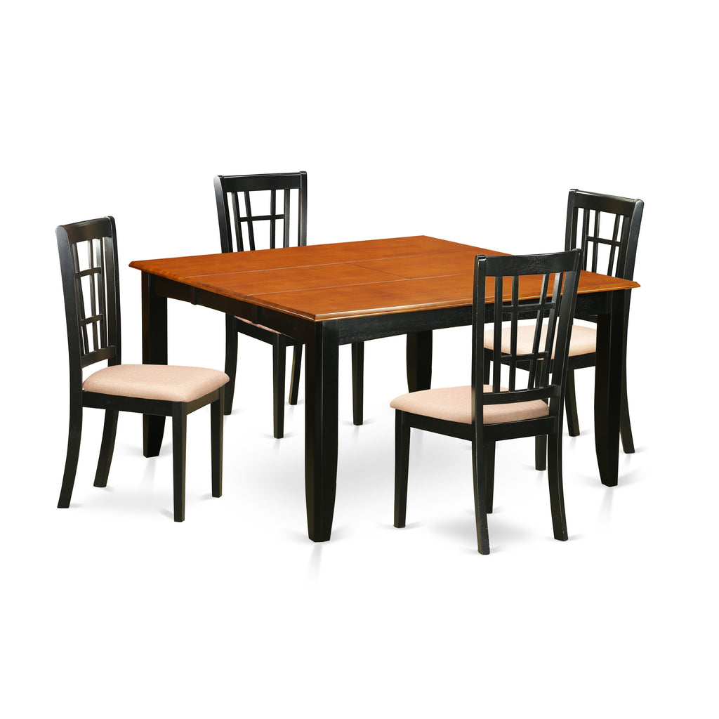 Juego de mesa de comedor de 5 piezas East West Furniture PFNI5-BCH-C para 4 personas. Incluye una mesa de cocina cuadrada con diseño de hojas de mariposa y 4 sillas de comedor tapizadas en tela de lino.