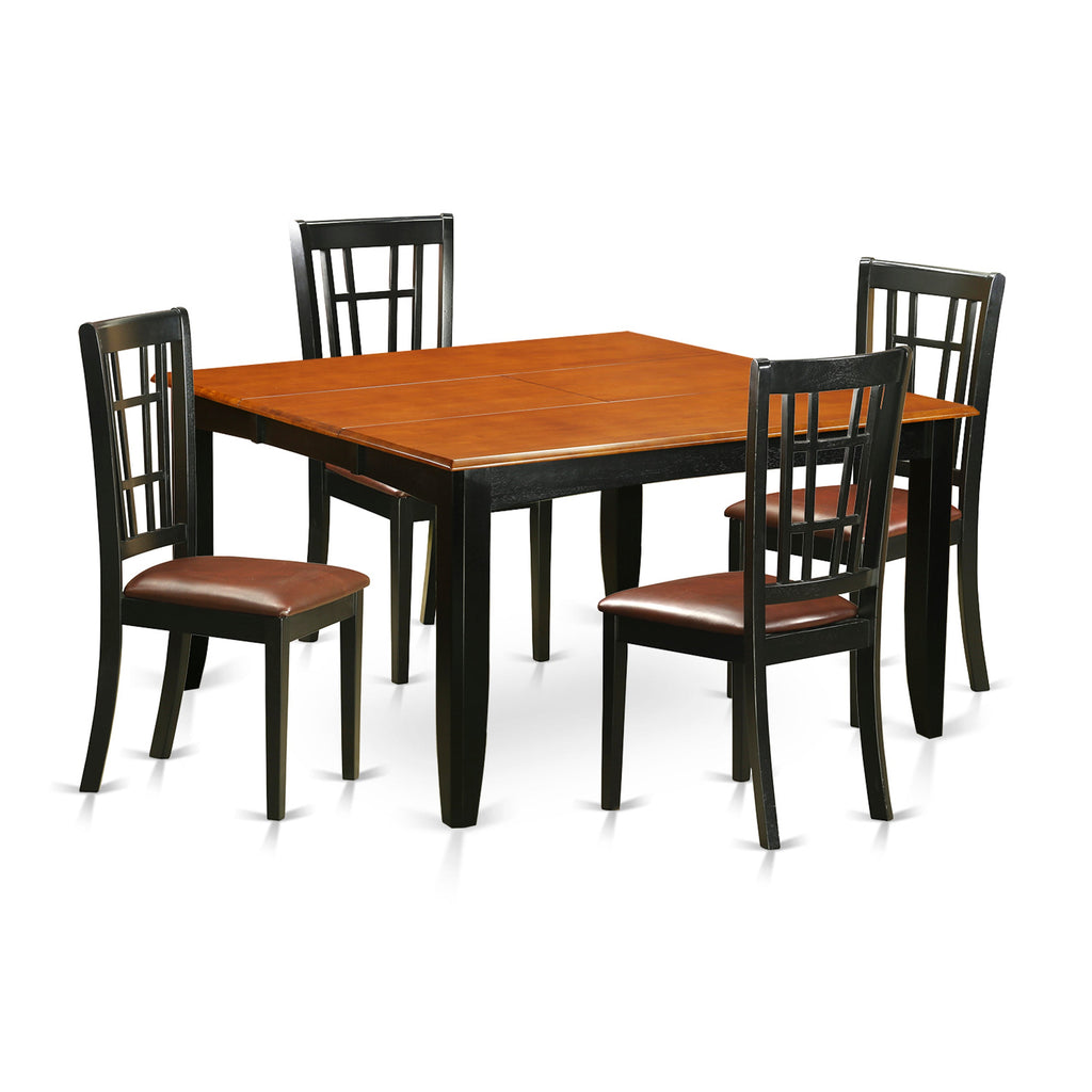Juego de mesa de cocina de 5 piezas East West Furniture PFNI5-BCH-LC para 4 personas. Incluye una mesa de comedor cuadrada con diseño de hojas de mariposa y 4 sillas tapizadas en piel sintética.