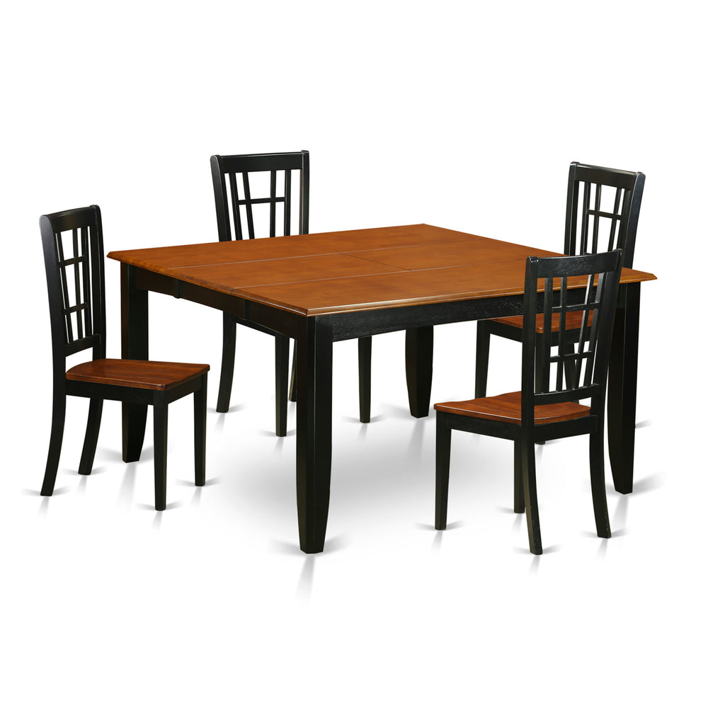 El juego de comedor de 5 piezas PFNI5-BCH-W de East West Furniture incluye una mesa de comedor cuadrada con hojas de mariposa y 4 sillas con asiento de madera.