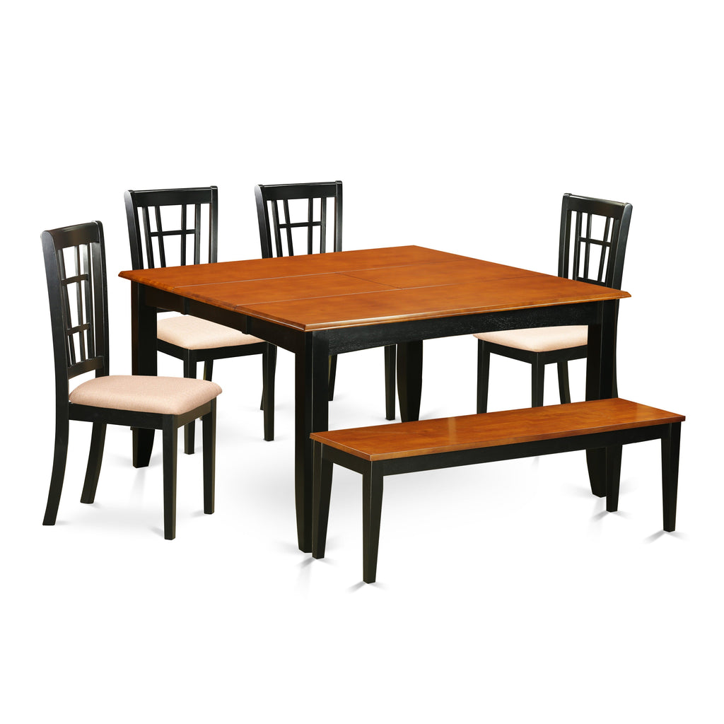 East West Furniture PFNI6-BCH-C 6 Piece Dining Room Furniture Set Contains a Square Kitchen Table with Butterfly Leaf and 4 Linen Fabric Dining Chairs with a Bench, 54x54 Inch, Black & Cherry