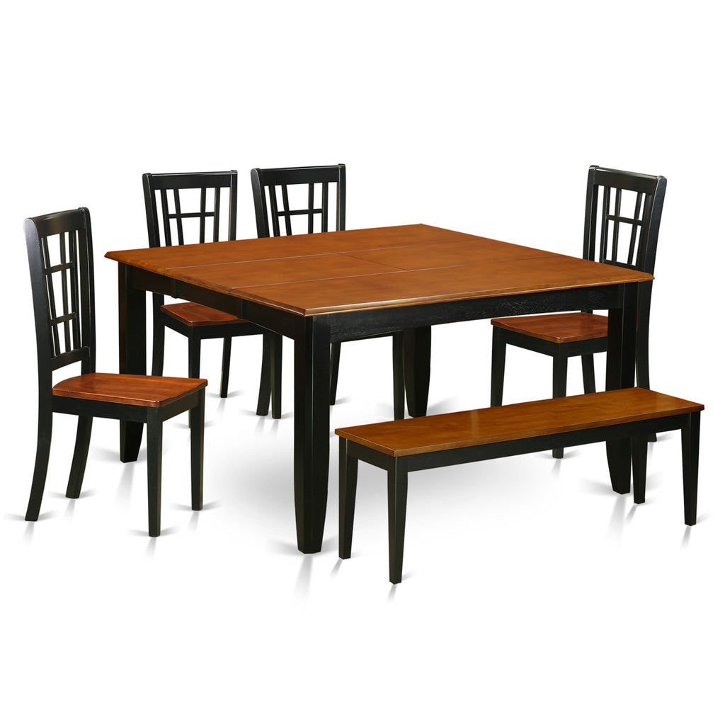 El juego de mesa de comedor de 6 piezas PFNI6-BCH-W de East West Furniture contiene una mesa de comedor cuadrada con hojas de mariposa y 4 sillas con asiento de madera con un banco.