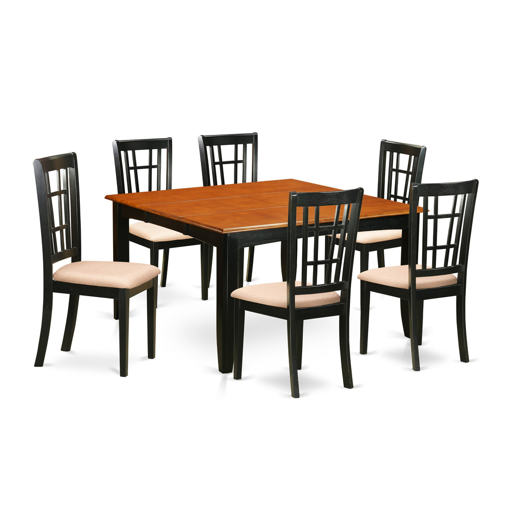 Juego de mesa de comedor moderna de 7 piezas East West Furniture PFNI7-BCH-C. Incluye una mesa cuadrada de madera con diseño de hojas de mariposa y 6 sillas de comedor tapizadas en tela de lino.