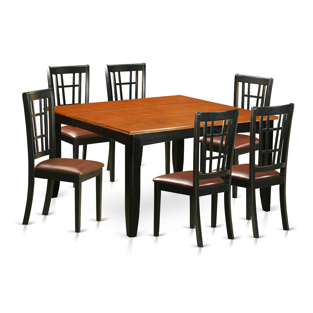 El juego de mesa de comedor East West Furniture PFNI7-BCH-LC de 7 piezas consta de una mesa cuadrada de madera con hojas de mariposa y 6 sillas de comedor de cuero sintético.
