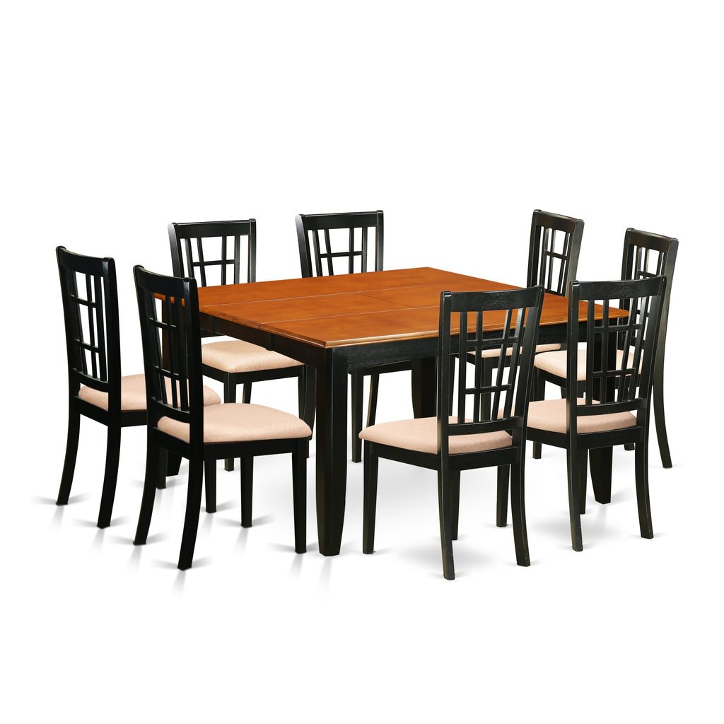 El juego de mesa de comedor de 9 piezas PFNI9-BCH-C de East West Furniture incluye una mesa de comedor cuadrada con hojas de mariposa y 8 sillas tapizadas en tela de lino.