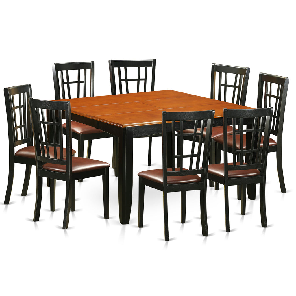 El juego de mesa de cocina de 9 piezas PFNI9-BCH-LC de East West Furniture incluye una mesa de comedor cuadrada con diseño de hojas de mariposa y 8 sillas de comedor de cuero sintético.
