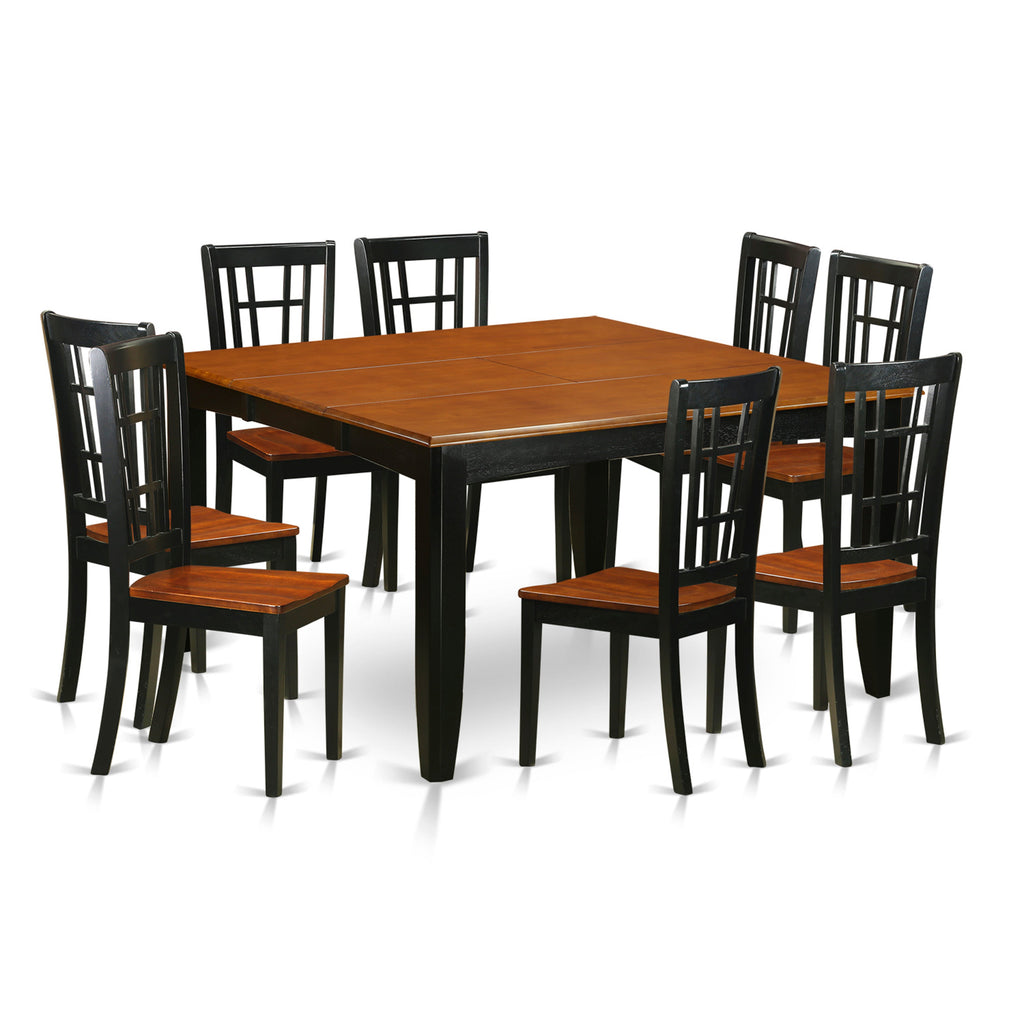 El juego de muebles de comedor East West Furniture PFNI9-BCH-W de 9 piezas incluye una mesa de cocina cuadrada con hojas de mariposa y 8 sillas de comedor.