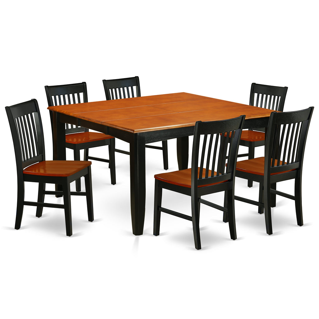 Juego de mesa de cocina de 7 piezas East West Furniture PFNO7-BCH-W compuesto por una mesa de comedor cuadrada con hojas de mariposa y 6 sillas de comedor.