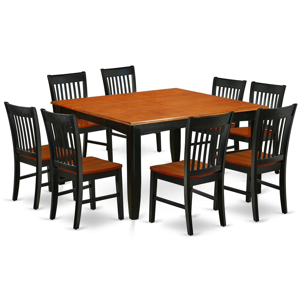 El juego de mesa de comedor East West Furniture PFNO9-BCH-W de 9 piezas incluye una mesa de cocina cuadrada con diseño de hojas de mariposa y 8 sillas de comedor.