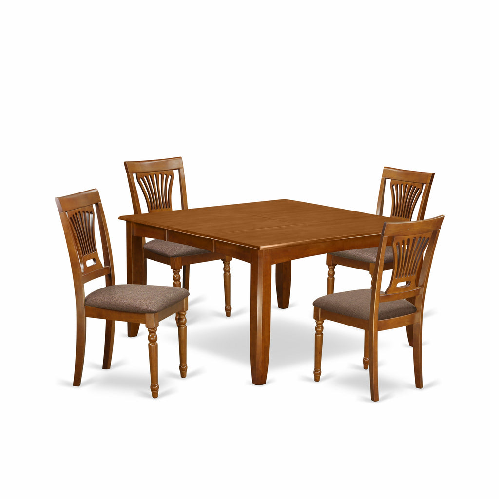 East West Furniture PFPL5-SBR-C 5 Piece Dining Room Table Set Includes a Square Wooden Table with Butterfly Leaf and 4 Linen Fabric Kitchen Dining Chairs