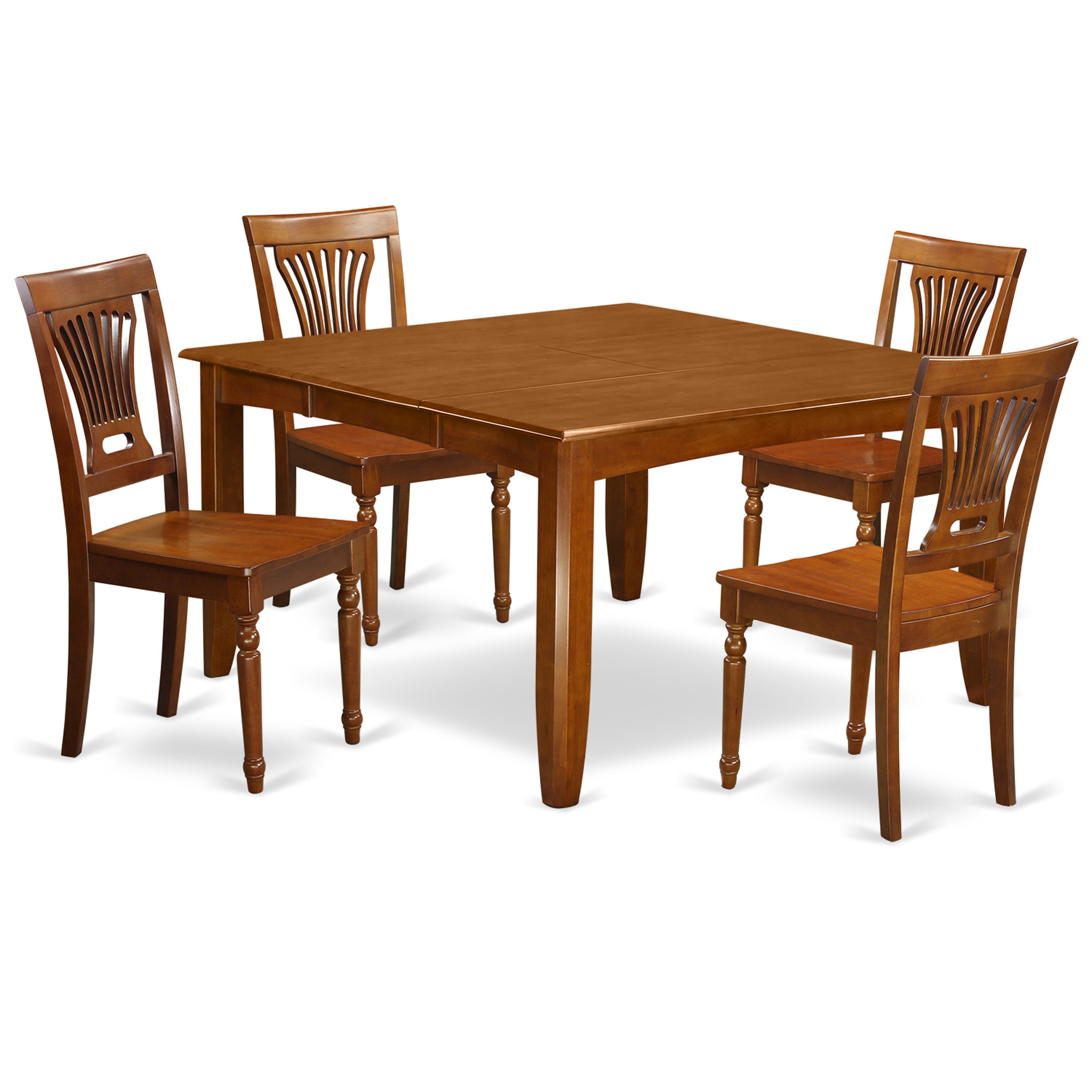 El juego de mesa y sillas de cocina de 5 piezas PFPL5-SBR-W de East West Furniture incluye una mesa de comedor cuadrada con hojas de mariposa y 4 sillas de comedor.