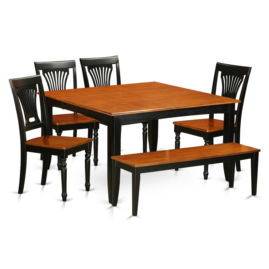 Juego de comedor de 6 piezas PFPL6-BCH-W de East West Furniture. Contiene una mesa de comedor cuadrada con hojas de mariposa y 4 sillas de cocina con un banco.
