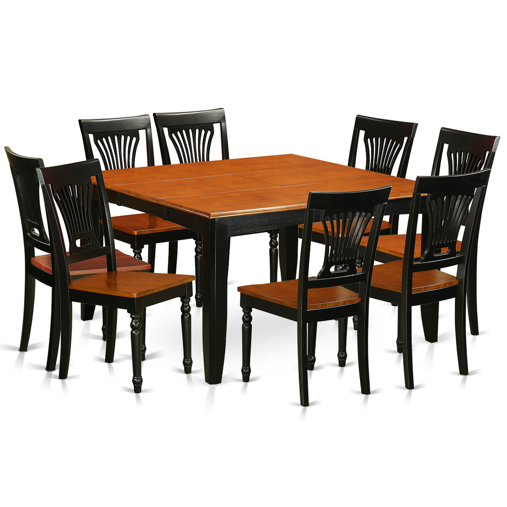 El juego de mesa de comedor de 9 piezas PFPL9-BCH-W de East West Furniture incluye una mesa de comedor cuadrada con hojas de mariposa y 8 sillas con asiento de madera.