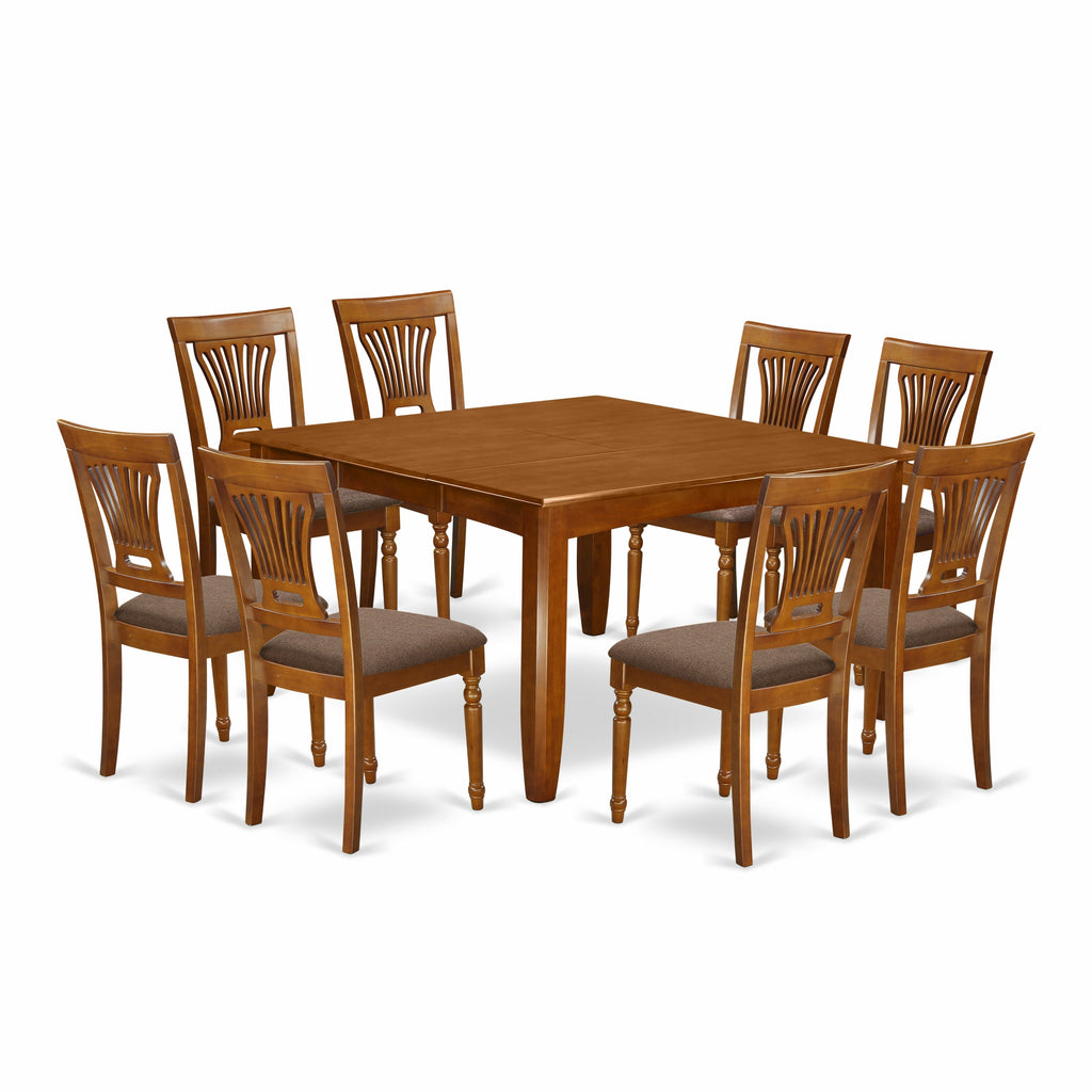 El juego de mesa de comedor East West Furniture PFPL9-SBR-C de 9 piezas incluye una mesa cuadrada de madera con hojas de mariposa y 8 sillas de comedor de tela de lino.