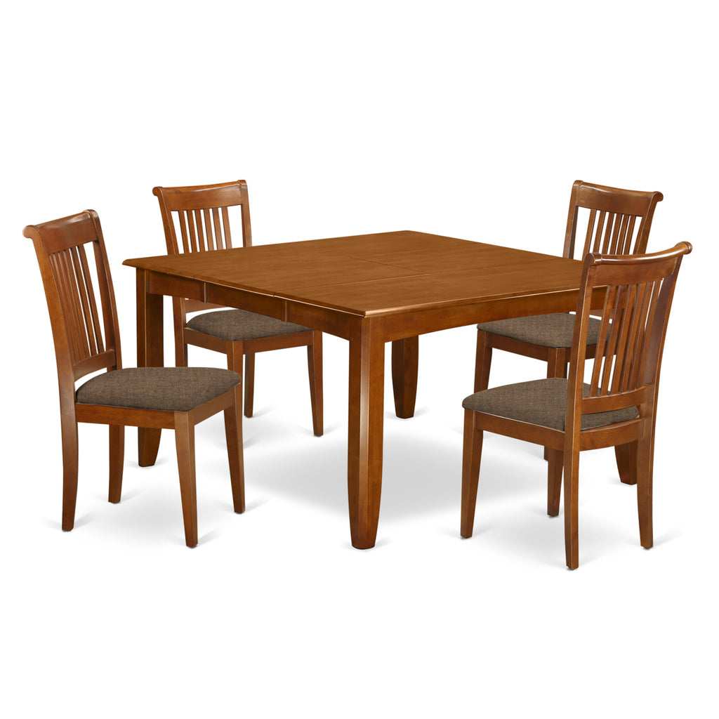 East West Furniture PFPO5-SBR-C 5 Piece Kitchen Table Set for 4 Includes a Square Dining Room Table with Butterfly Leaf and 4 Linen Fabric Upholstered Chairs