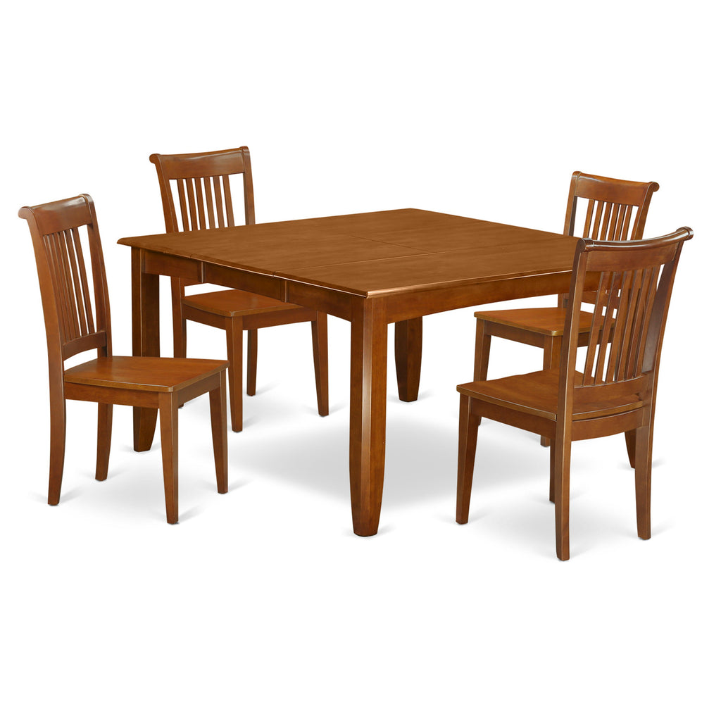 Juego de comedor de 5 piezas East West Furniture PFPO5-SBR-W para 4 personas. Incluye una mesa de comedor cuadrada con diseño de hojas de mariposa y 4 sillas de comedor.
