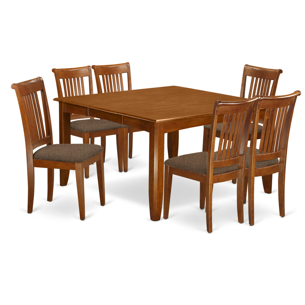 East West Furniture PFPO7-SBR-C 7 Piece Dining Room Table Set Consist of a Square Wooden Table with Butterfly Leaf and 6 Linen Fabric Kitchen Dining Chairs