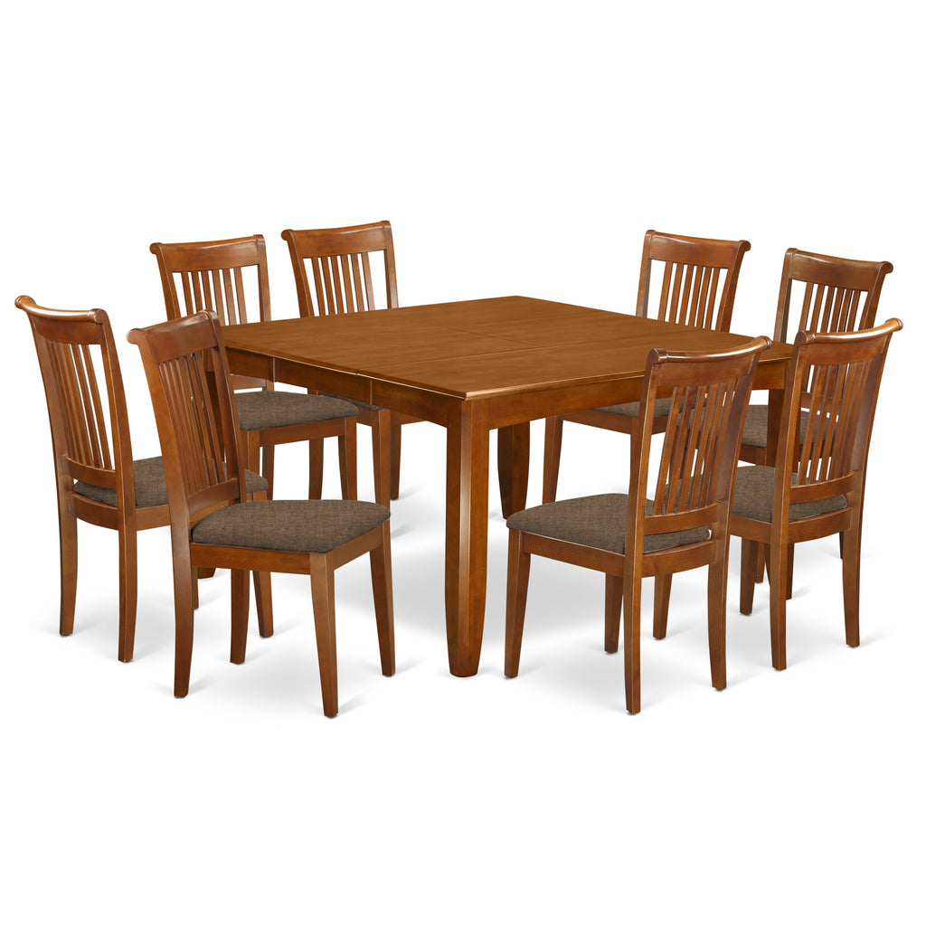 El juego de mesa de comedor East West Furniture PFPO9-SBR-C de 9 piezas incluye una mesa de comedor cuadrada con hojas de mariposa y 8 sillas tapizadas en tela de lino.