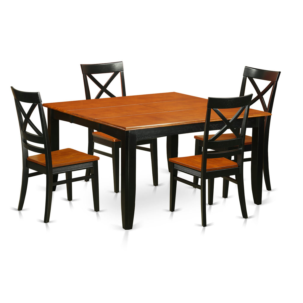 Juego de comedor de 5 piezas East West Furniture PFQU5-BCH-W para 4 personas. Incluye una mesa de comedor cuadrada con diseño de hojas de mariposa y 4 sillas de comedor de cocina.
