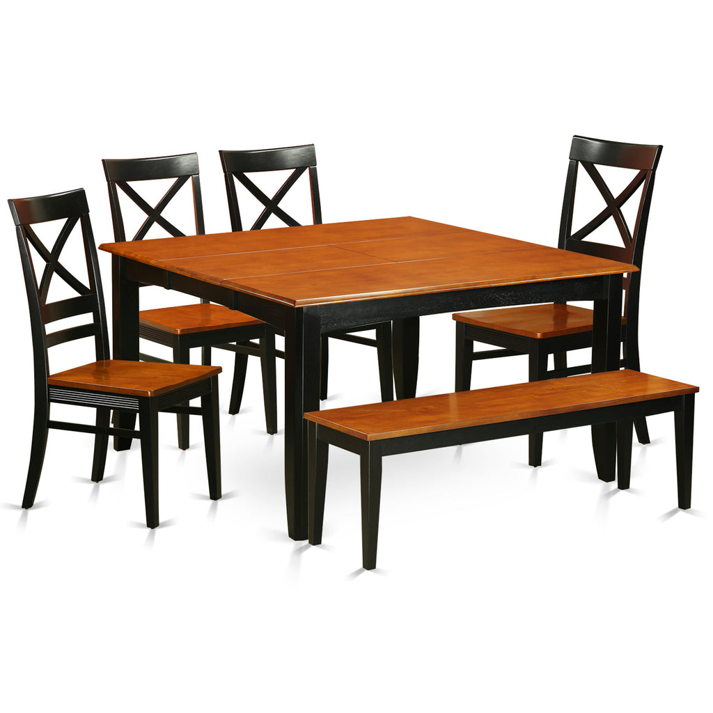 Juego de mesa de comedor de 6 piezas PFQU6-BCH-W de East West Furniture. Contiene una mesa de cocina cuadrada con hojas de mariposa y 4 sillas de comedor con un banco.