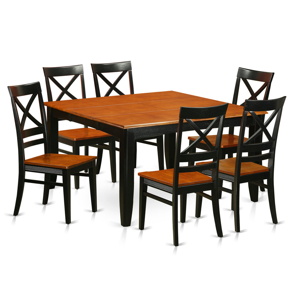Juego de mesa de comedor de 7 piezas East West Furniture PFQU7-BCH-W compuesto por una mesa cuadrada de madera con hojas de mariposa y 6 sillas de comedor de cocina.
