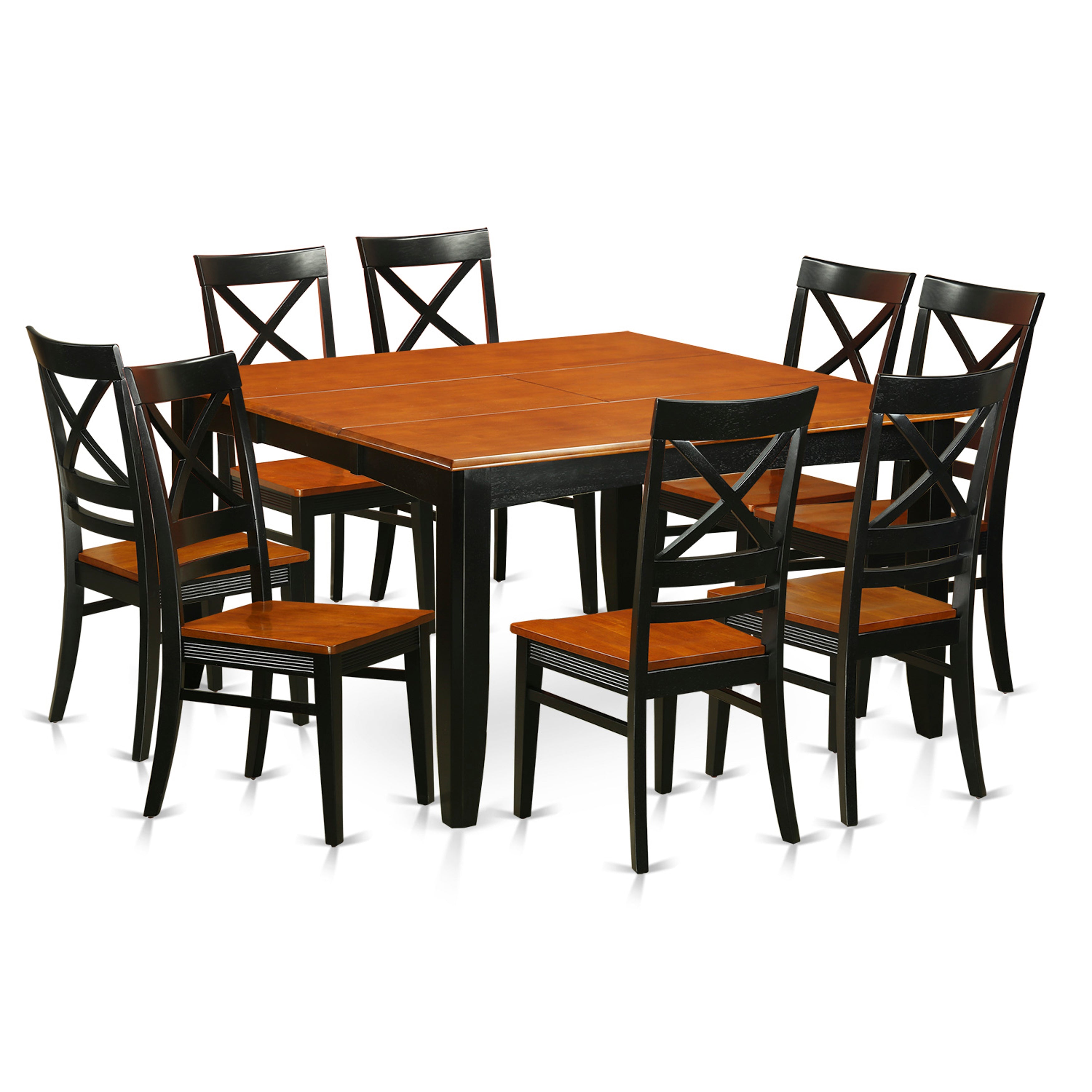 El juego de muebles de comedor East West Furniture PFQU9-BCH-W de 9 piezas incluye una mesa cuadrada de madera con hojas de mariposa y 8 sillas de comedor de cocina.